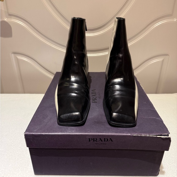 Prada Black and Cream Patent Leather Ankle Boots - Picture 2 of 4